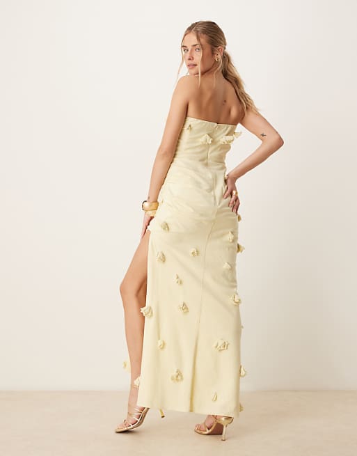 ASOS DESIGN 3D Floral Linen Maxi Dress In Pastel Yellow