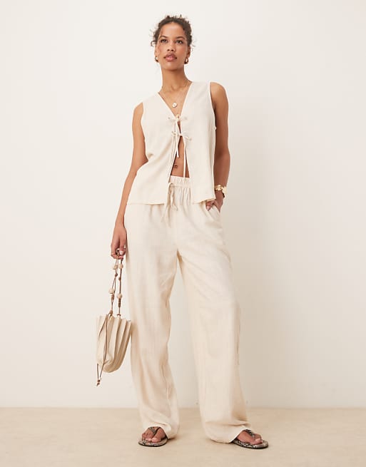 ASOS DESIGN ASOS DESIGN Linen Look Pull On Trousers In Stone