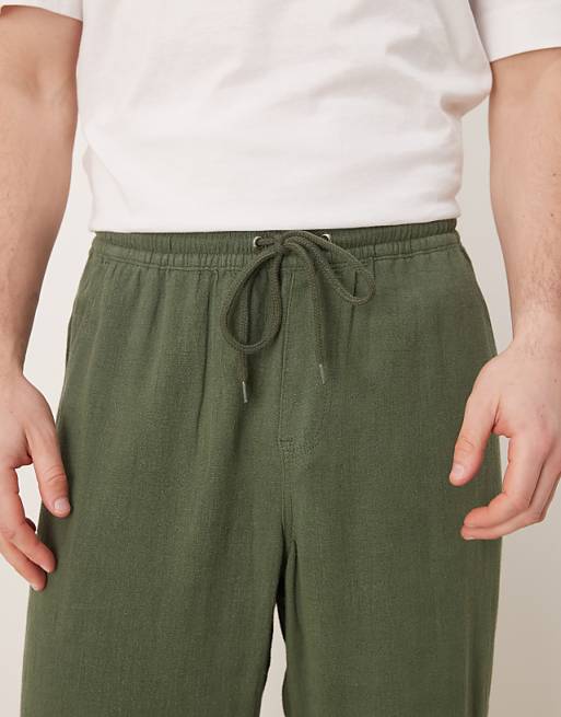 ASOS DESIGN Baggy Fit Pull On Linen Rich Trouser In Dark Green