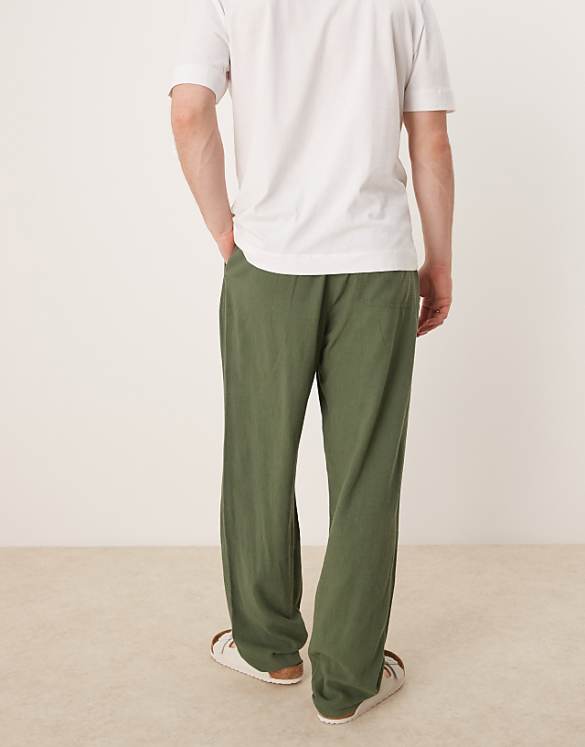 ASOS DESIGN Baggy Fit Pull On Linen Rich Trouser In Dark Green