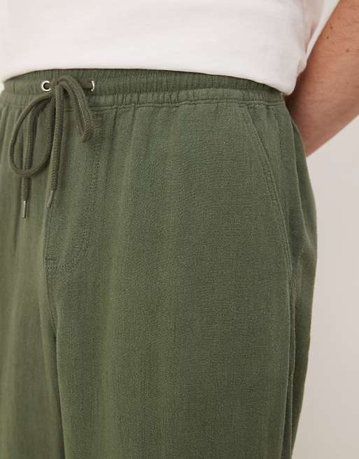 ASOS DESIGN Baggy Fit Pull On Linen Rich Trouser In Dark Green