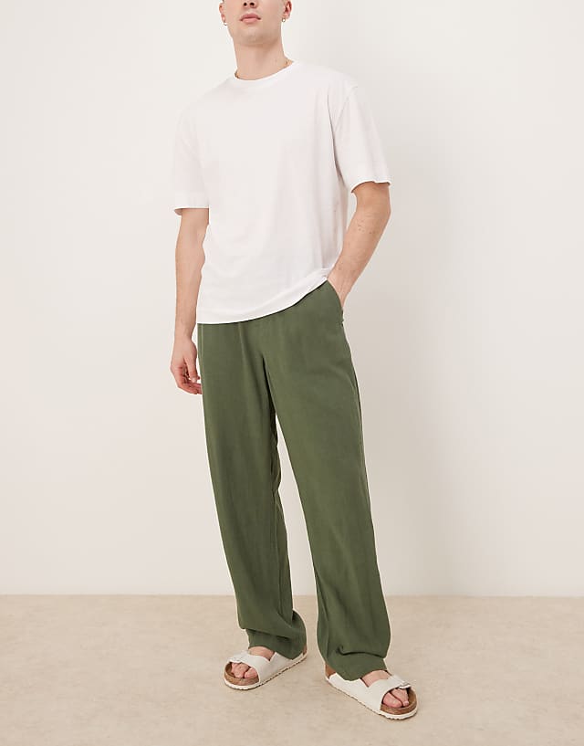 ASOS DESIGN baggy fit pull on linen rich trouser in dark green