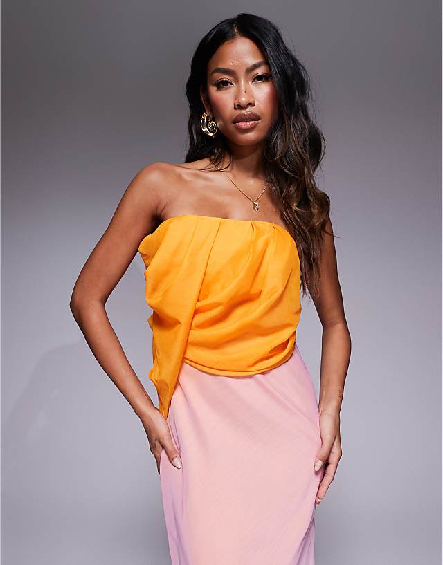 ASOS DESIGN Bandeau Draped Bias Maxi Dress In Pink And Orange Ombre Print