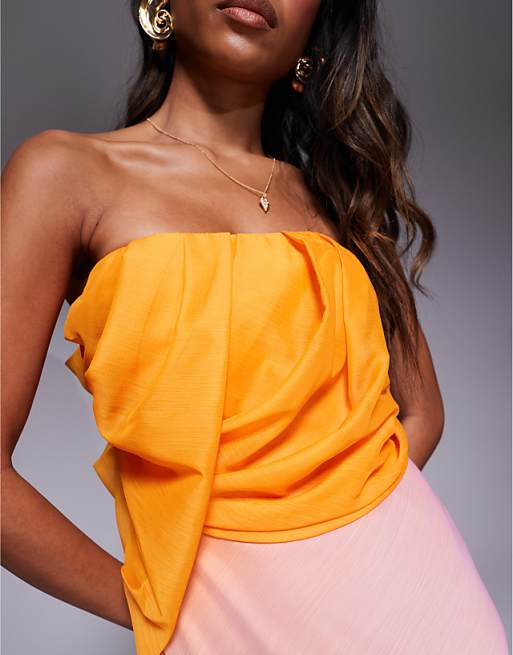 ASOS DESIGN Bandeau Draped Bias Maxi Dress In Pink And Orange Ombre Print