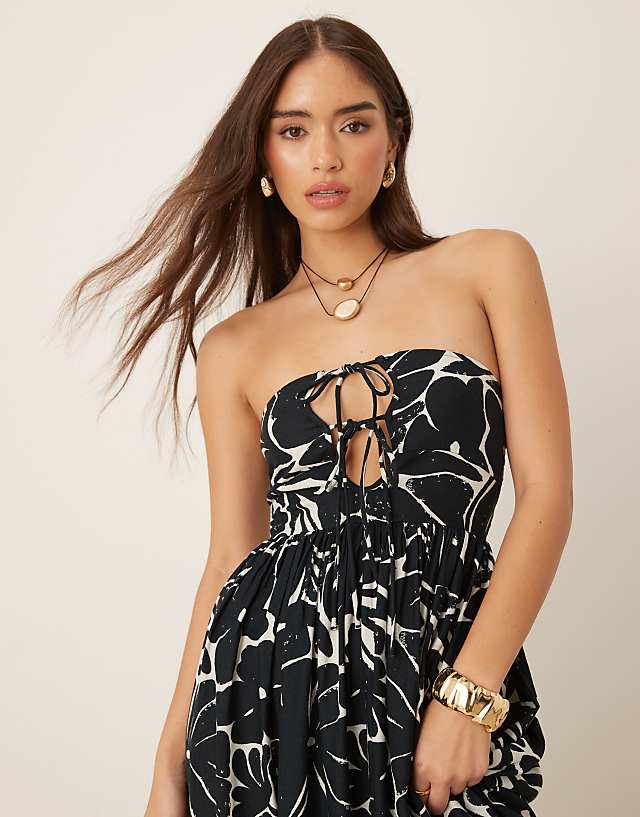 ASOS DESIGN Bandeau Lace Up Maxi Beach Dress With Linen In Mono Floral