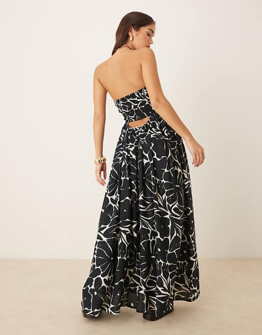 ASOS DESIGN Bandeau Lace Up Maxi Beach Dress With Linen In Mono Floral