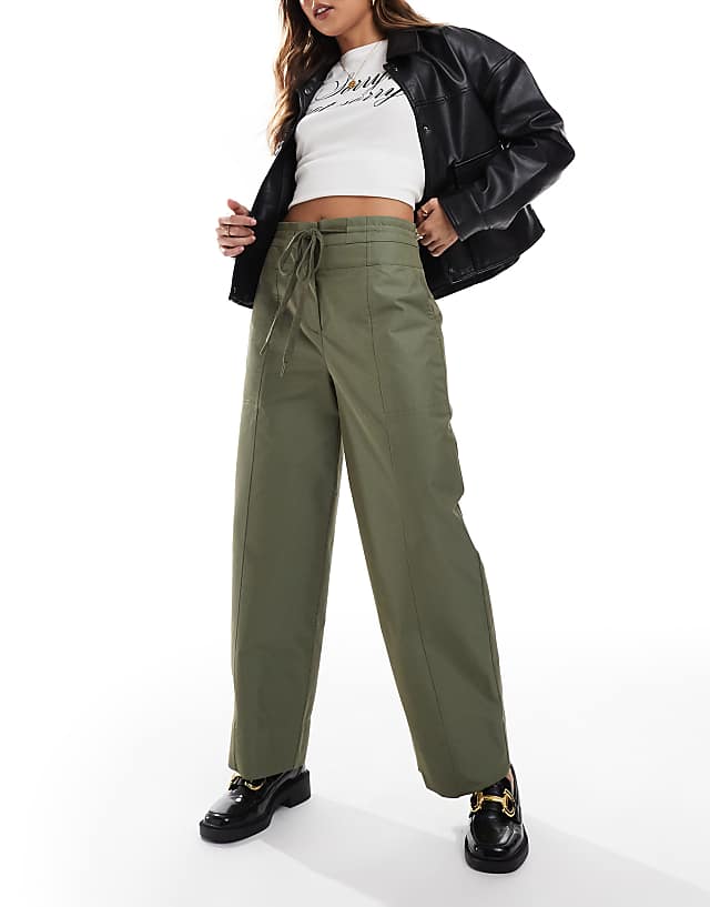 ASOS DESIGN barrel trousers with seam detail in khaki