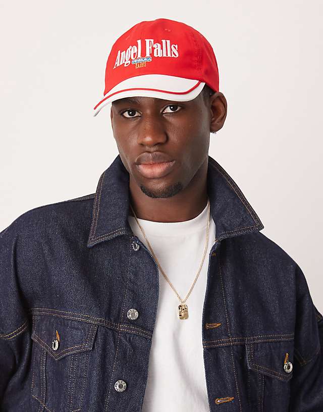 ASOS DESIGN baseball cap with graphic in red and white
