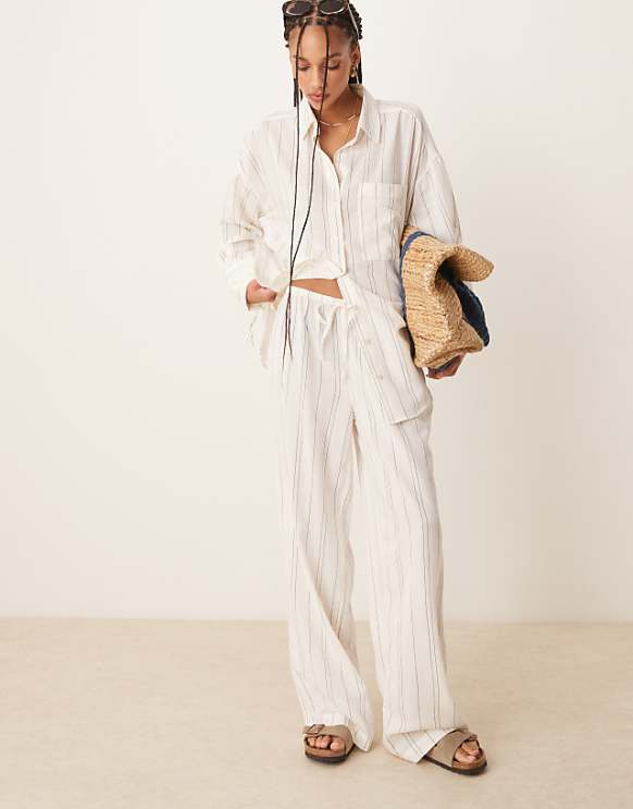 ASOS DESIGN Belle Beach With Linen In Fine Mono Stripe