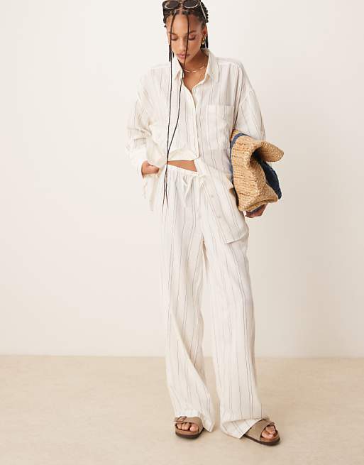 ASOS DESIGN Belle Beach With Linen In Fine Mono Stripe