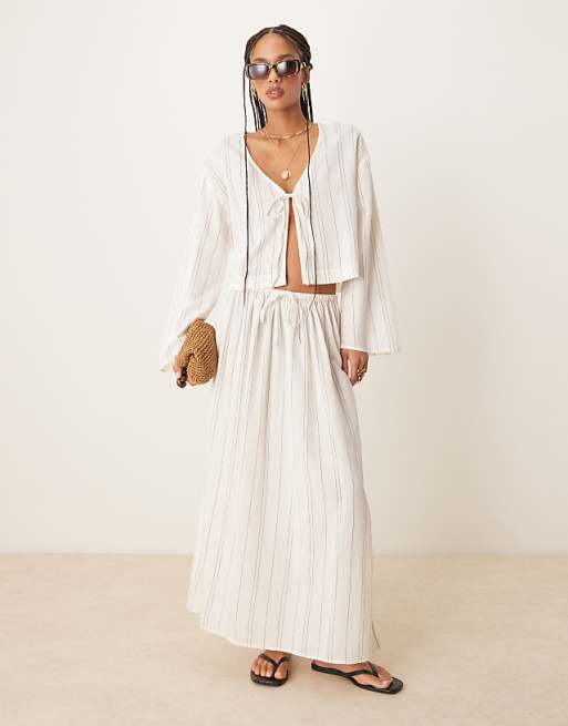 ASOS DESIGN Belle Beach With Linen In Fine Mono Stripe