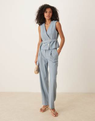 ASOS DESIGN Belted Waitcoat & Straight Leg Trouser Co-ord In Blue