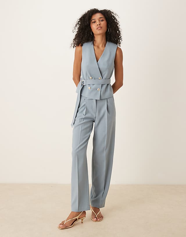 ASOS DESIGN Belted Waitcoat & Straight Leg Trouser Co-ord In Blue