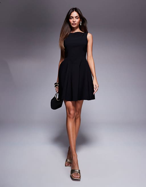 ASOS DESIGN Bengaline Sleeveless Skater Skirt Mini Dress With Open Back In Black