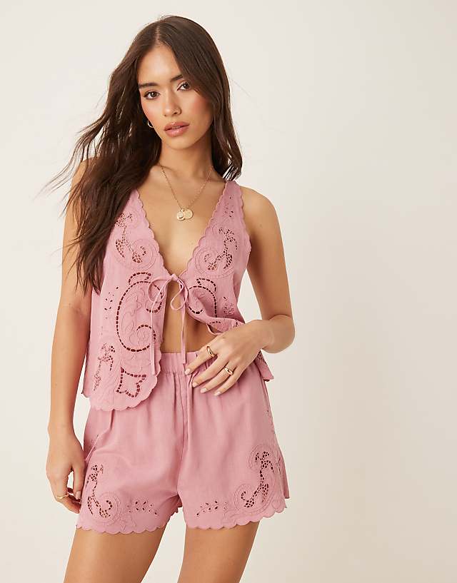 ASOS DESIGN Blake broderie linen blend beach co-ord with linen in dusty pink