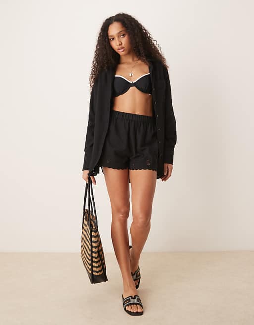 ASOS DESIGN Blake Broderie Linen Blend Beach Set With Linen In Black