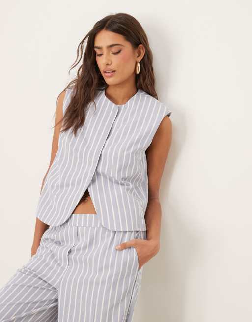 ASOS DESIGN Boxy Cutaway Waistcoat And Trousers With Linen In Blue And White Stripe