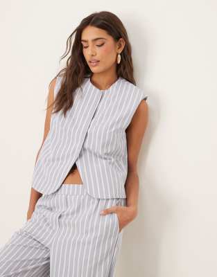 ASOS DESIGN Boxy Cutaway Waistcoat And Trousers With Linen In Blue And White Stripe