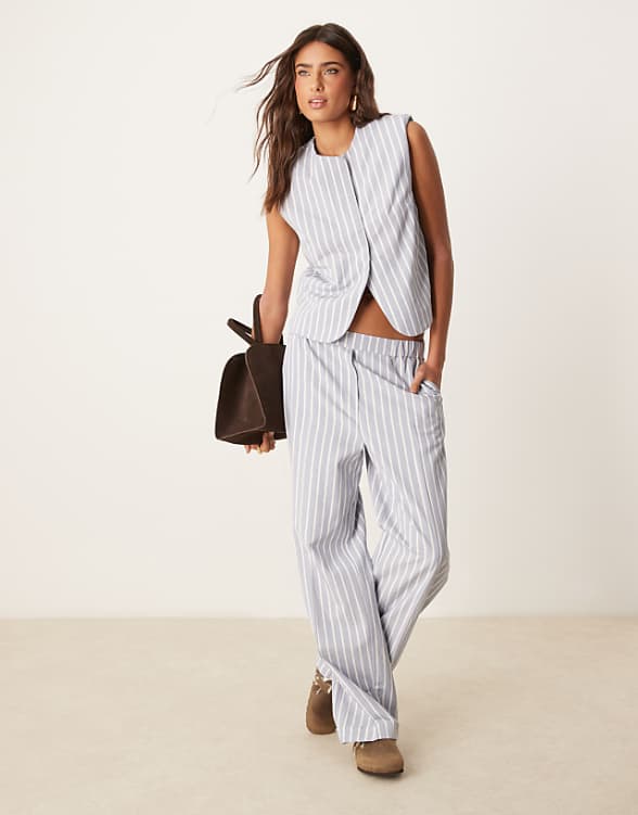 ASOS DESIGN boxy cutaway waistcoat and trousers with linen in blue and white stripe