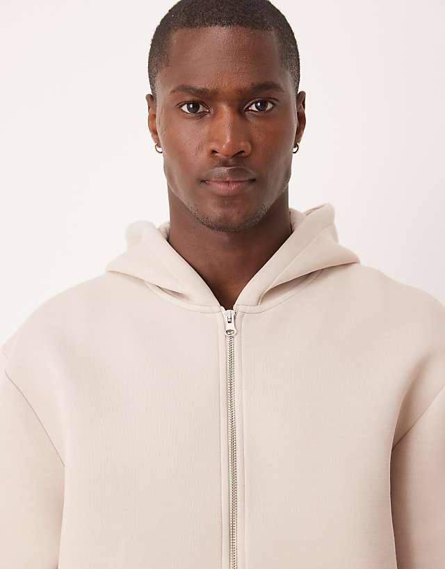 ASOS DESIGN Boxy Oversized Heavyweight Scuba Zip Through Hoodie In Beige