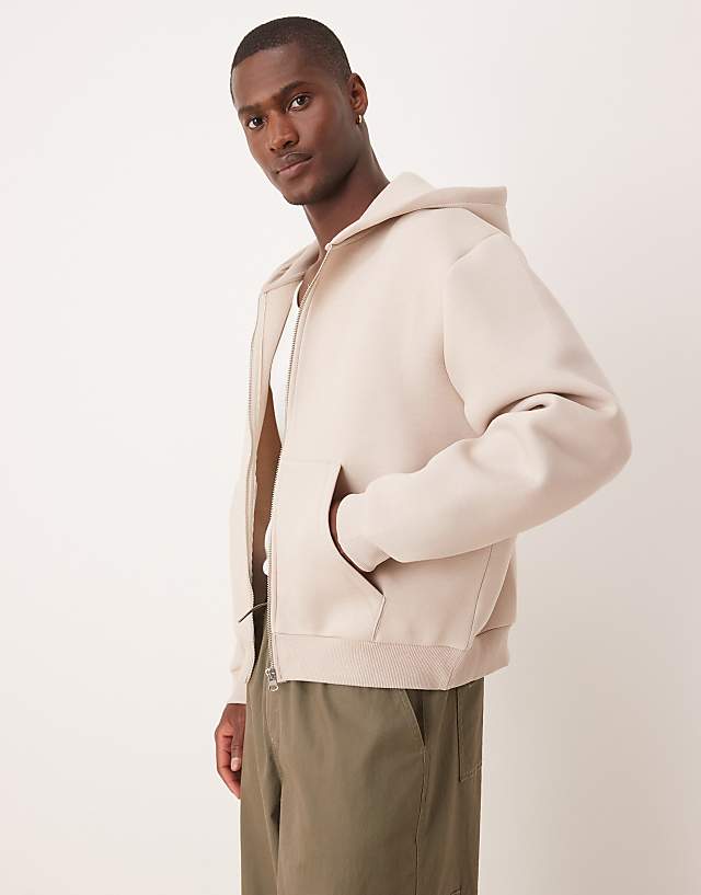 ASOS DESIGN Boxy Oversized Heavyweight Scuba Zip Through Hoodie In Beige