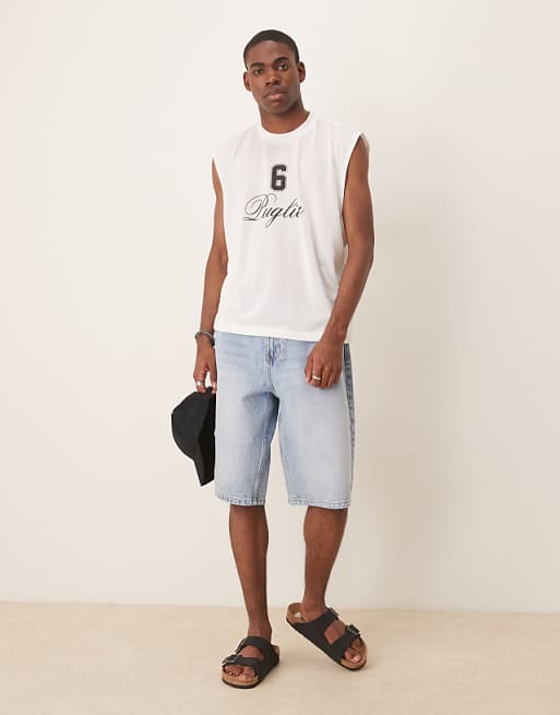 ASOS DESIGN Boxy Oversized Linen Look Tank With Text Graphic In Cream