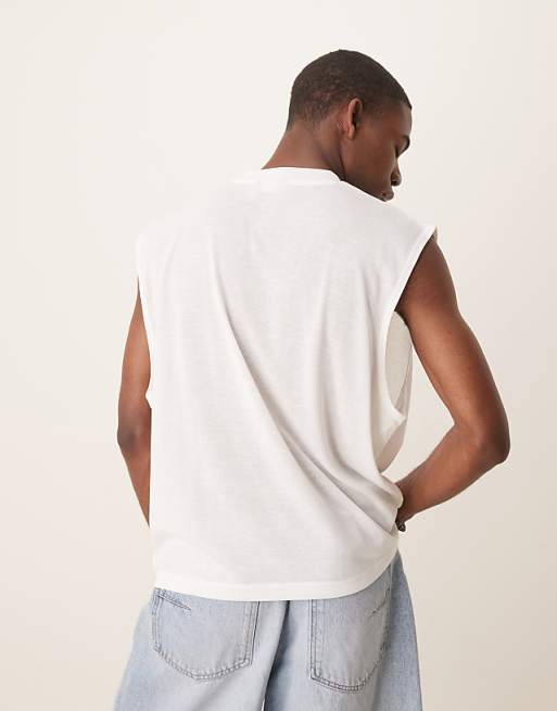 ASOS DESIGN Boxy Oversized Linen Look Tank With Text Graphic In Cream