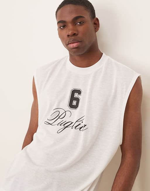 ASOS DESIGN Boxy Oversized Linen Look Tank With Text Graphic In Cream
