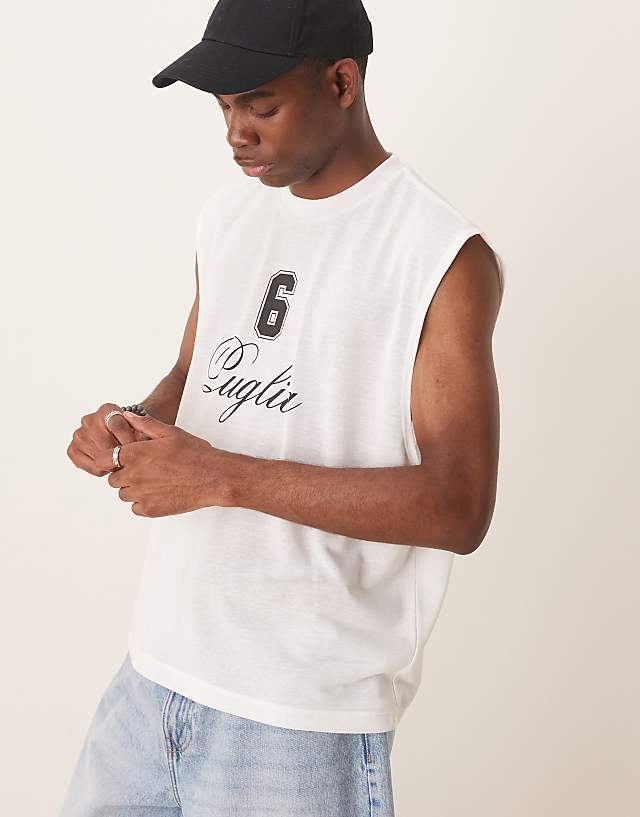 ASOS DESIGN boxy oversized linen look tank with text graphic in cream