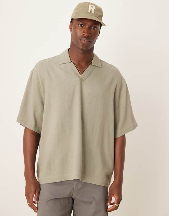 ASOS DESIGN boxy oversized overhead linen blend shirt in khaki
