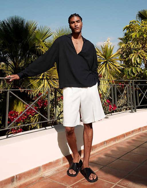ASOS DESIGN Boxy Oversized Overhead Textured Linen Blend Shirt In Black