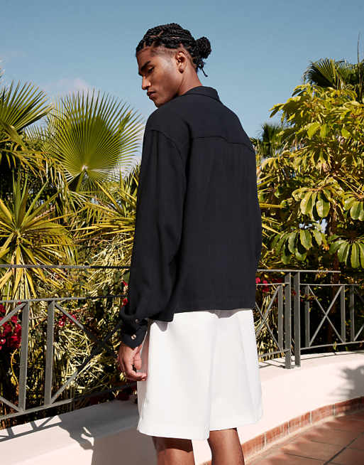 ASOS DESIGN Boxy Oversized Overhead Textured Linen Blend Shirt In Black