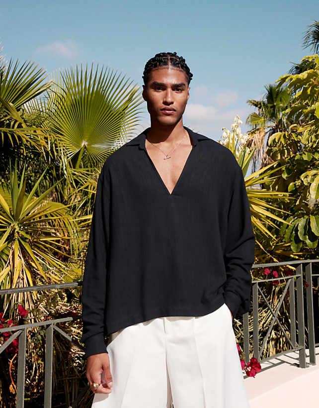 ASOS DESIGN boxy oversized overhead textured linen blend shirt in black