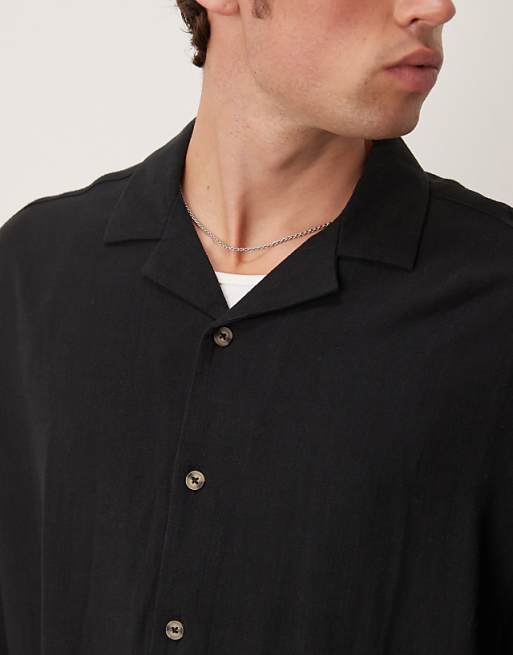 ASOS DESIGN Boxy Oversized Revere Linen Blend Shirt In Black