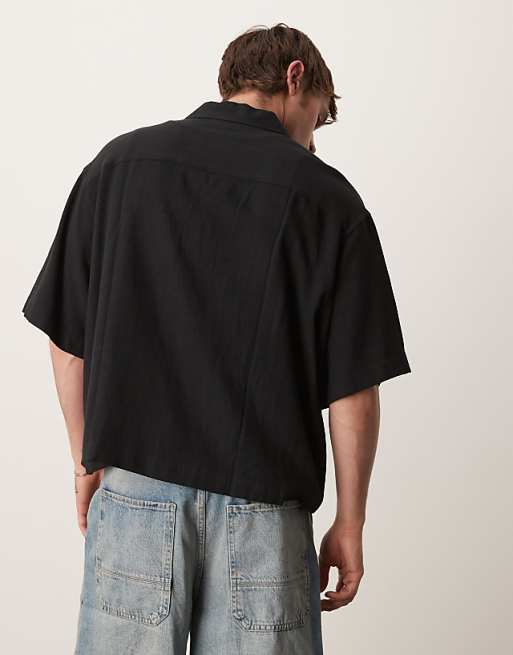 ASOS DESIGN Boxy Oversized Revere Linen Blend Shirt In Black