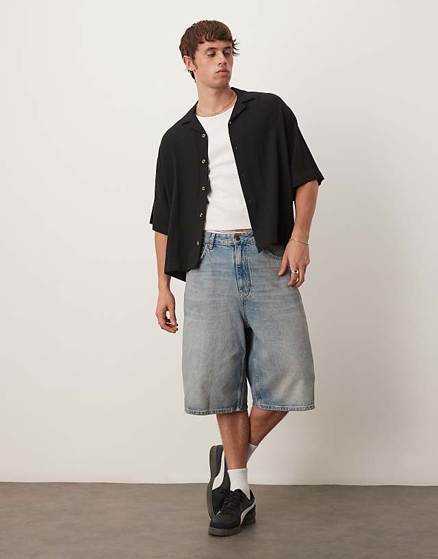 ASOS DESIGN Boxy Oversized Revere Linen Blend Shirt In Black
