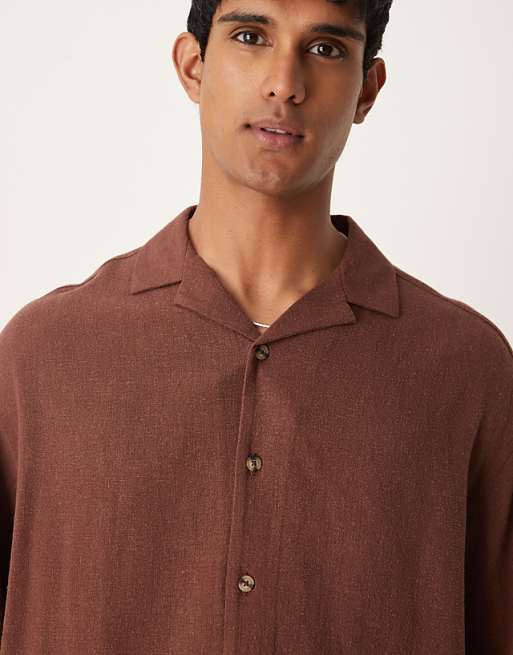 ASOS DESIGN Boxy Oversized Revere Linen Blend Shirt In Brown