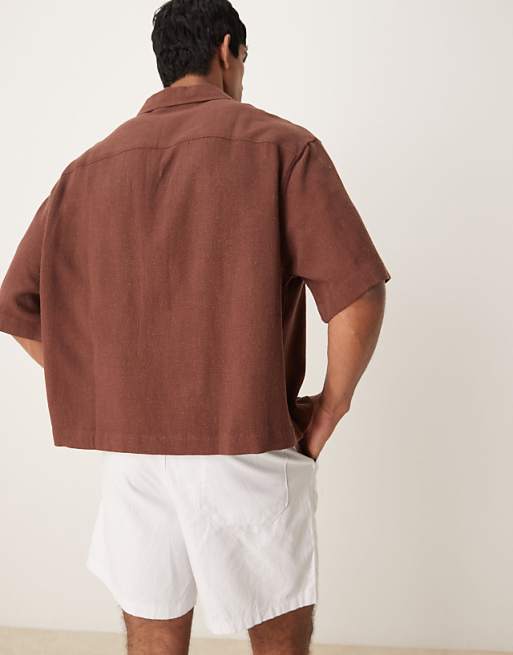 ASOS DESIGN Boxy Oversized Revere Linen Blend Shirt In Brown