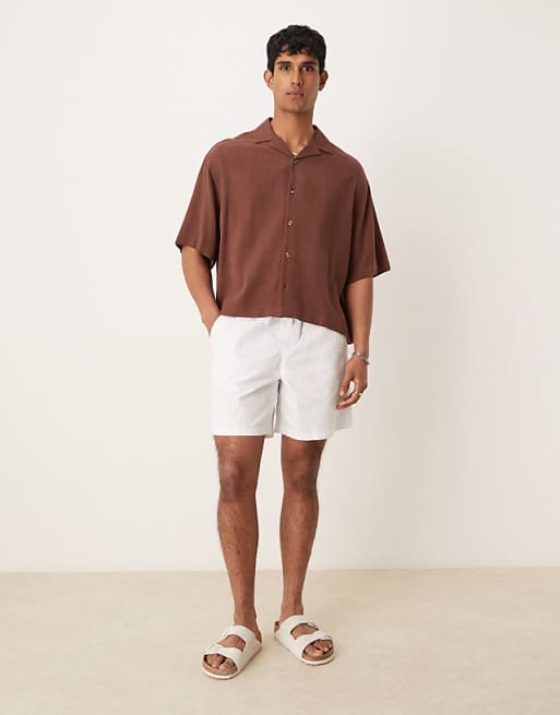 ASOS DESIGN Boxy Oversized Revere Linen Blend Shirt In Brown