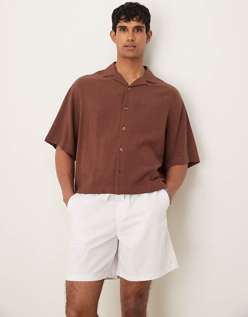 ASOS DESIGN Boxy Oversized Revere Linen Blend Shirt In Brown