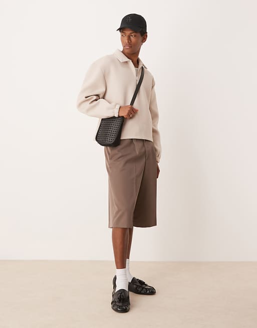 ASOS DESIGN Boxy Oversized Scuba Quarter Zip In Beige