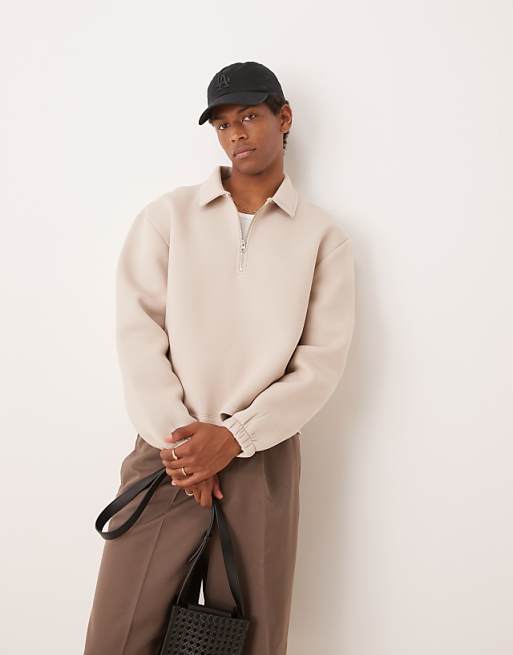 ASOS DESIGN boxy oversized scuba quarter zip in beige