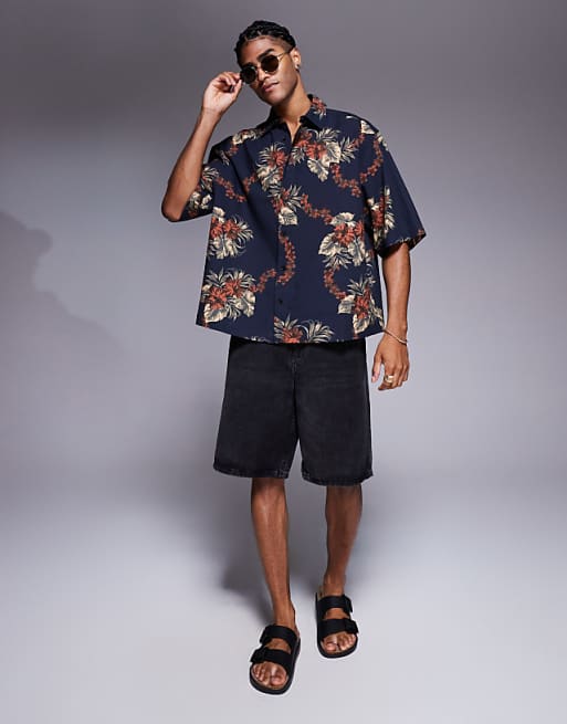 ASOS DESIGN Boxy Oversized Shirt With Floral Print In Brown And Navy
