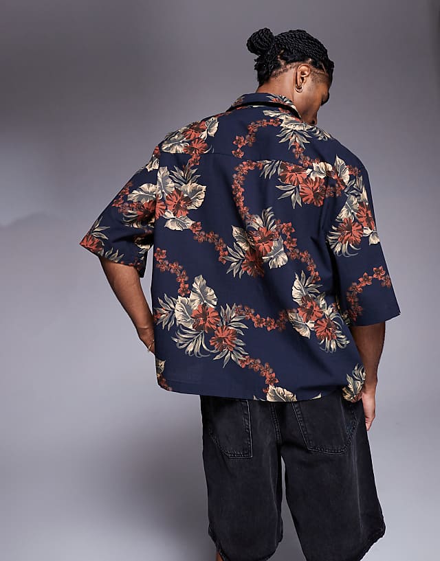 ASOS DESIGN Boxy Oversized Shirt With Floral Print In Brown And Navy