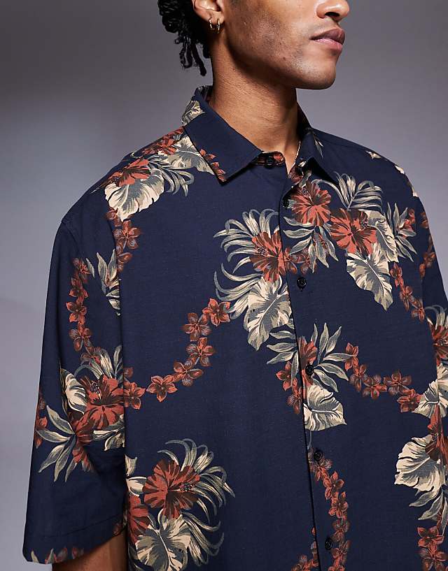 ASOS DESIGN Boxy Oversized Shirt With Floral Print In Brown And Navy