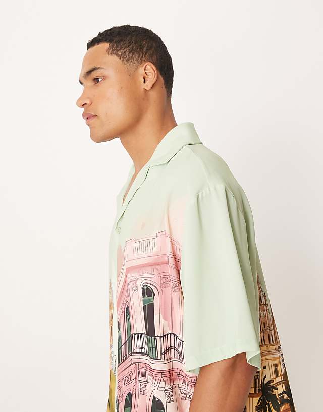 ASOS DESIGN Boxy Oversized Shirt With Print In Blue
