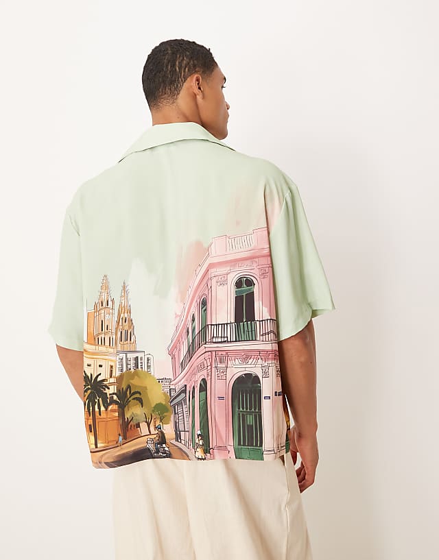 ASOS DESIGN Boxy Oversized Shirt With Print In Blue