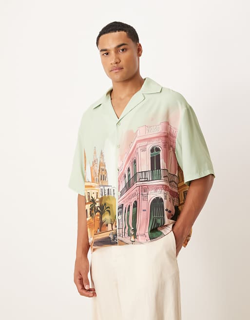 ASOS DESIGN Boxy Oversized Shirt With Print In Blue