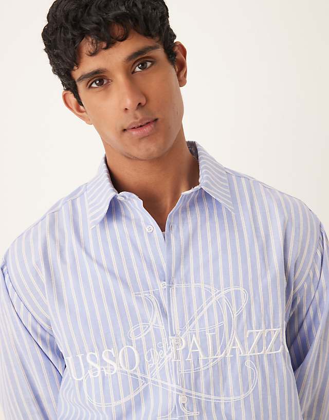 ASOS DESIGN Boxy Oversized Striped Shirt With Embroidery In Blue