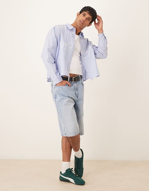 ASOS DESIGN Boxy Oversized Striped Shirt With Embroidery In Blue